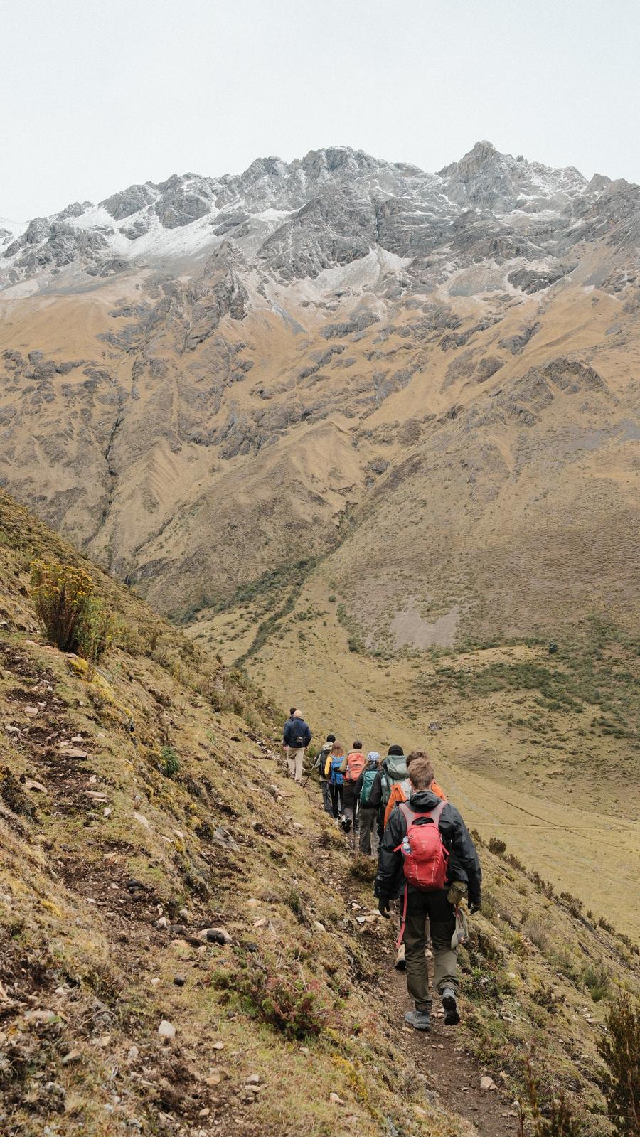 Small group hiking the Salkantay trail through the Andes, Peru